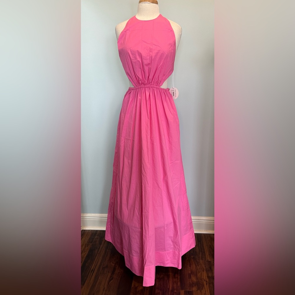 STAUD Apfel Wild Orchid Maxi pink open back halter dress size Large NWT pockets